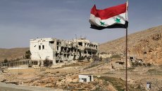 Сирийский флаг на фоне разрушенного дома в сирийском городе Маалюля в 55 км от Дамаска. архивное фото Сирийский флаг на фоне разрушенного дома в сирийском городе Маалюля в 55 км от Дамаска. архивное фото