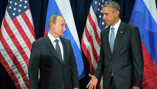 Президент России Владимир Путин и президент США Барак Обама во время встречи в рамках 70-й сессии Генеральной Ассамблеи ООН в Нью-Йорке Президент России Владимир Путин и президент США Барак Обама во время встречи в рамках 70-й сессии Генеральной Ассамблеи ООН в Нью-Йорке
