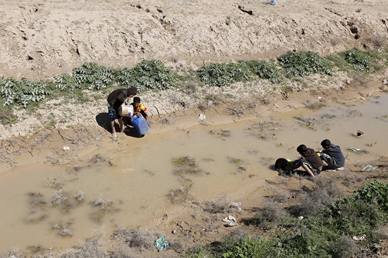 Дети набирают воду из реки в Багдаде, Ирак Дети набирают воду из реки в Багдаде, Ирак