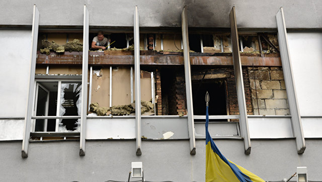 Разрушения в здание украинского телеканала Интер в Киеве, где 4 сентября 2016 произошел пожар. Архивное фото