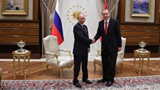 Президент РФ Владимир Путин и президент Турции Реджеп Тайип Эрдоган во время встречи во дворце президента Турецкой Республики в Анкаре. 28 сентября 2017 Президент РФ Владимир Путин и президент Турции Реджеп Тайип Эрдоган во время встречи во дворце президента Турецкой Республики в Анкаре. 28 сентября 2017