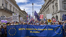 Участники акции протеста против предстоящего Brexit в Лондоне, Великобритания. 23 июня 2018 Участники акции протеста против предстоящего Brexit в Лондоне, Великобритания. 23 июня 2018